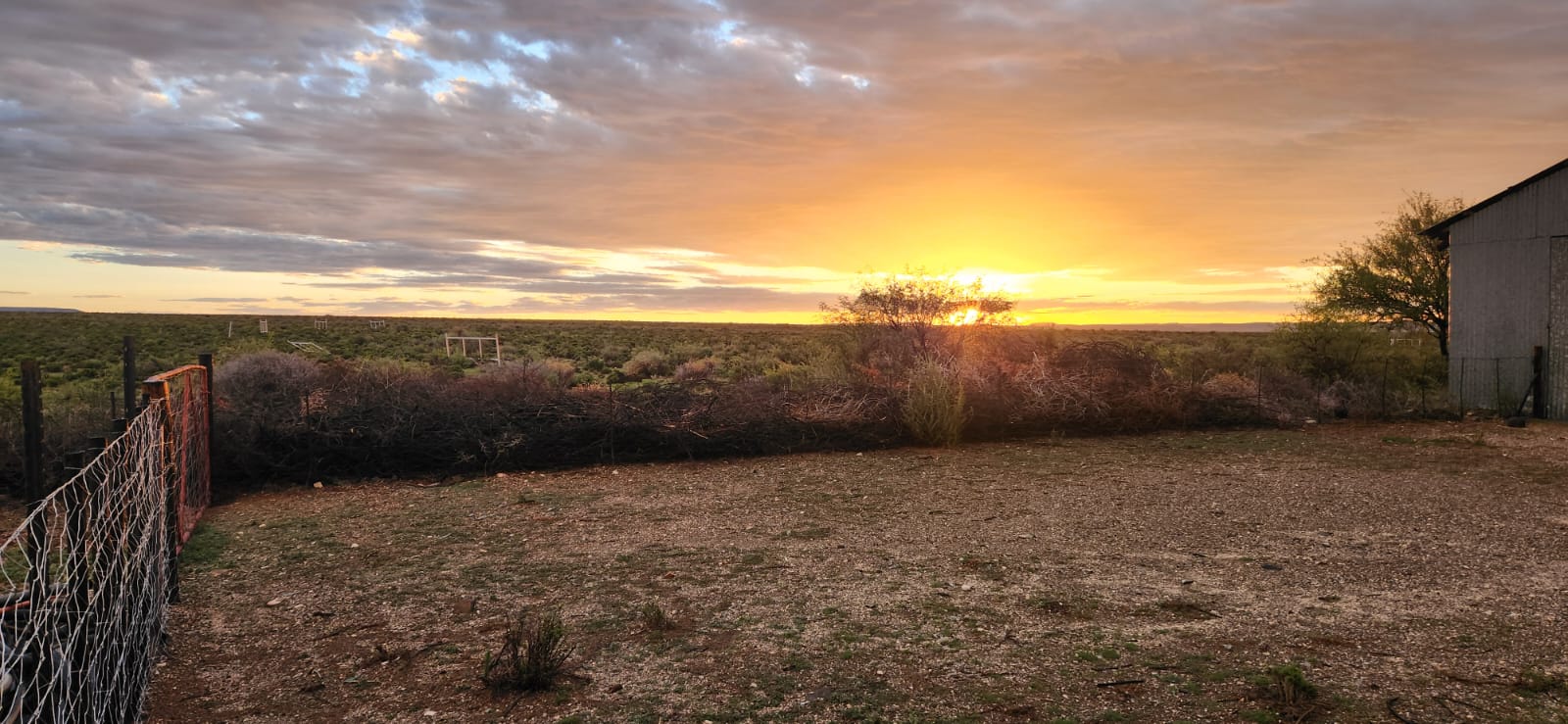 Sunset over the camps and the shed
